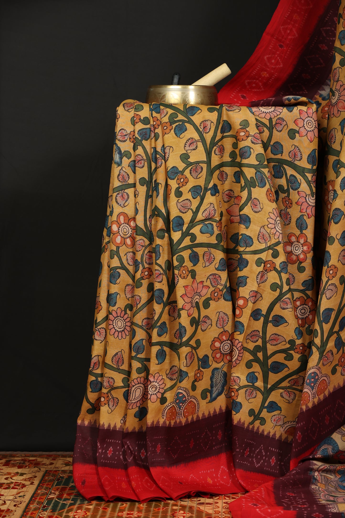 Pure silk ikkat with penkalamkari