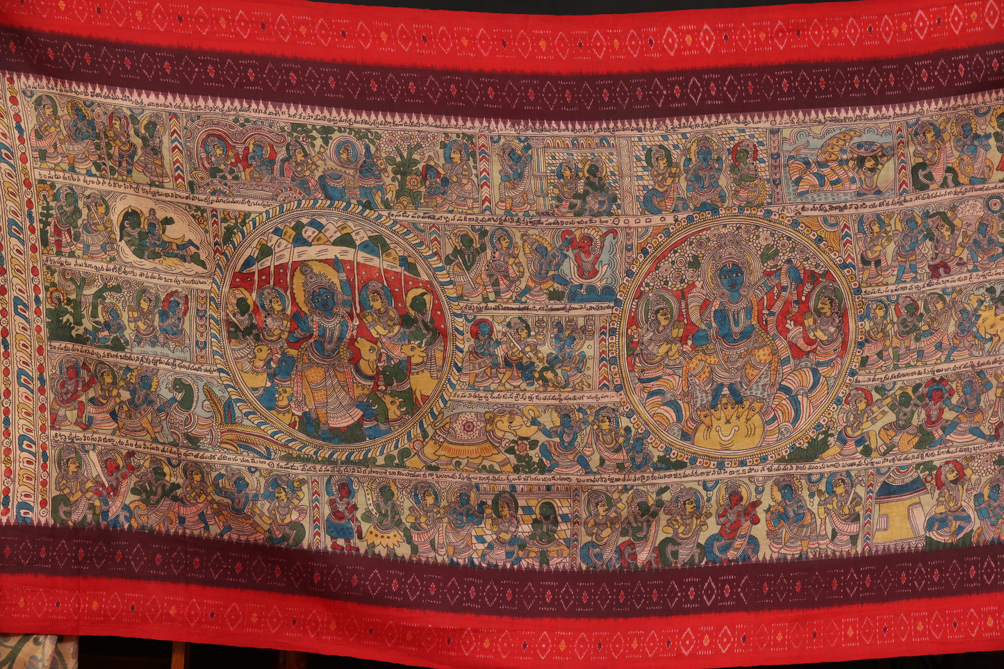 Pure silk ikkat with penkalamkari