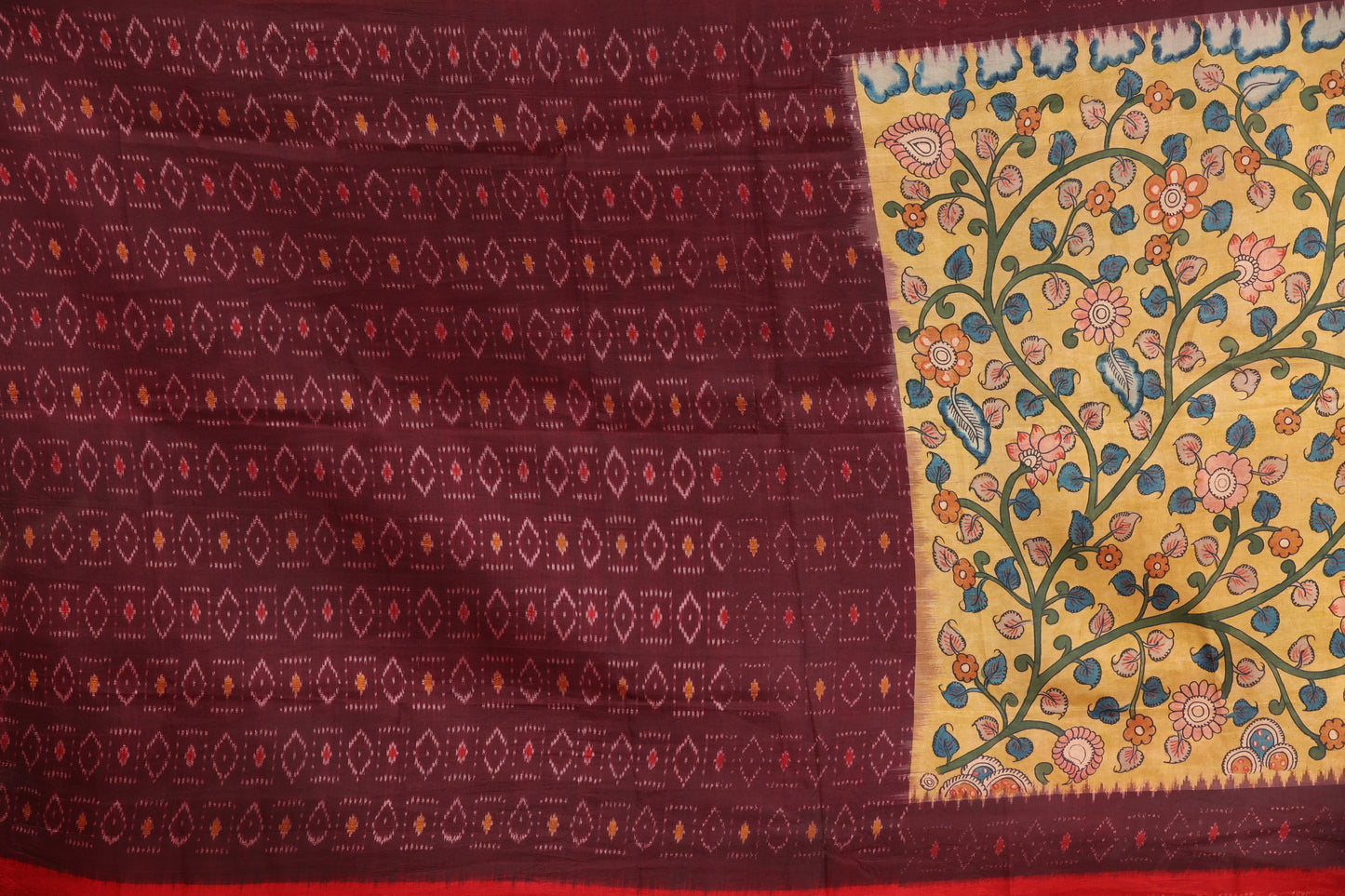 Pure silk ikkat with penkalamkari
