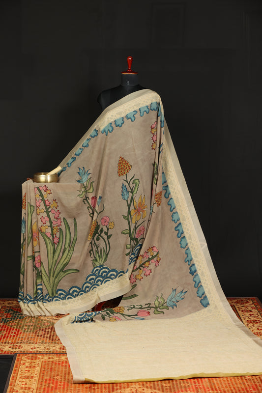 Chikankari with penkalamkari on pure silk gerogettee