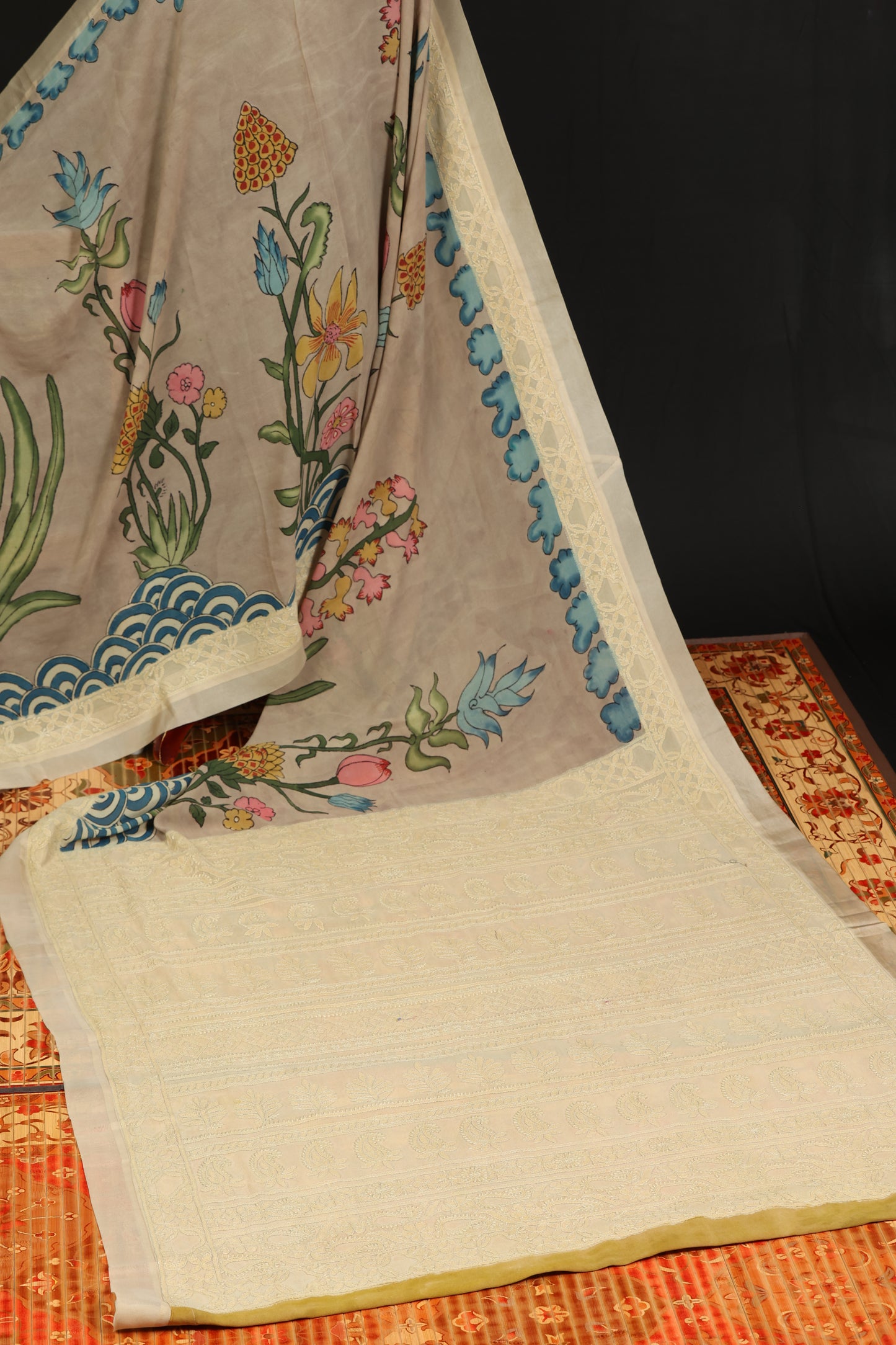 Chikankari with penkalamkari on pure silk gerogettee