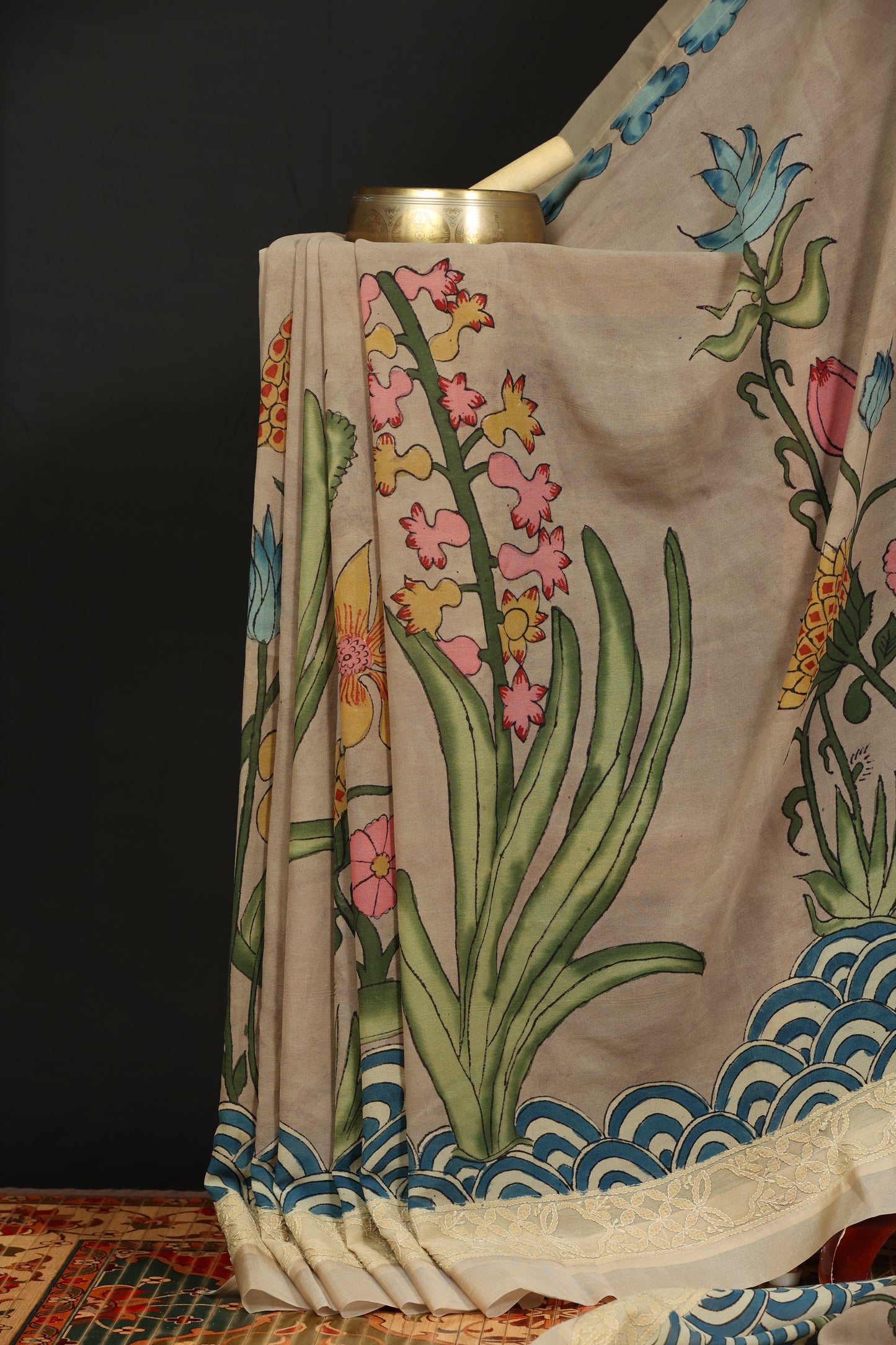 Chikankari with penkalamkari on pure silk gerogettee