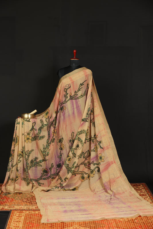 Chikankari with penkalamkari on pure silk gerogettee
