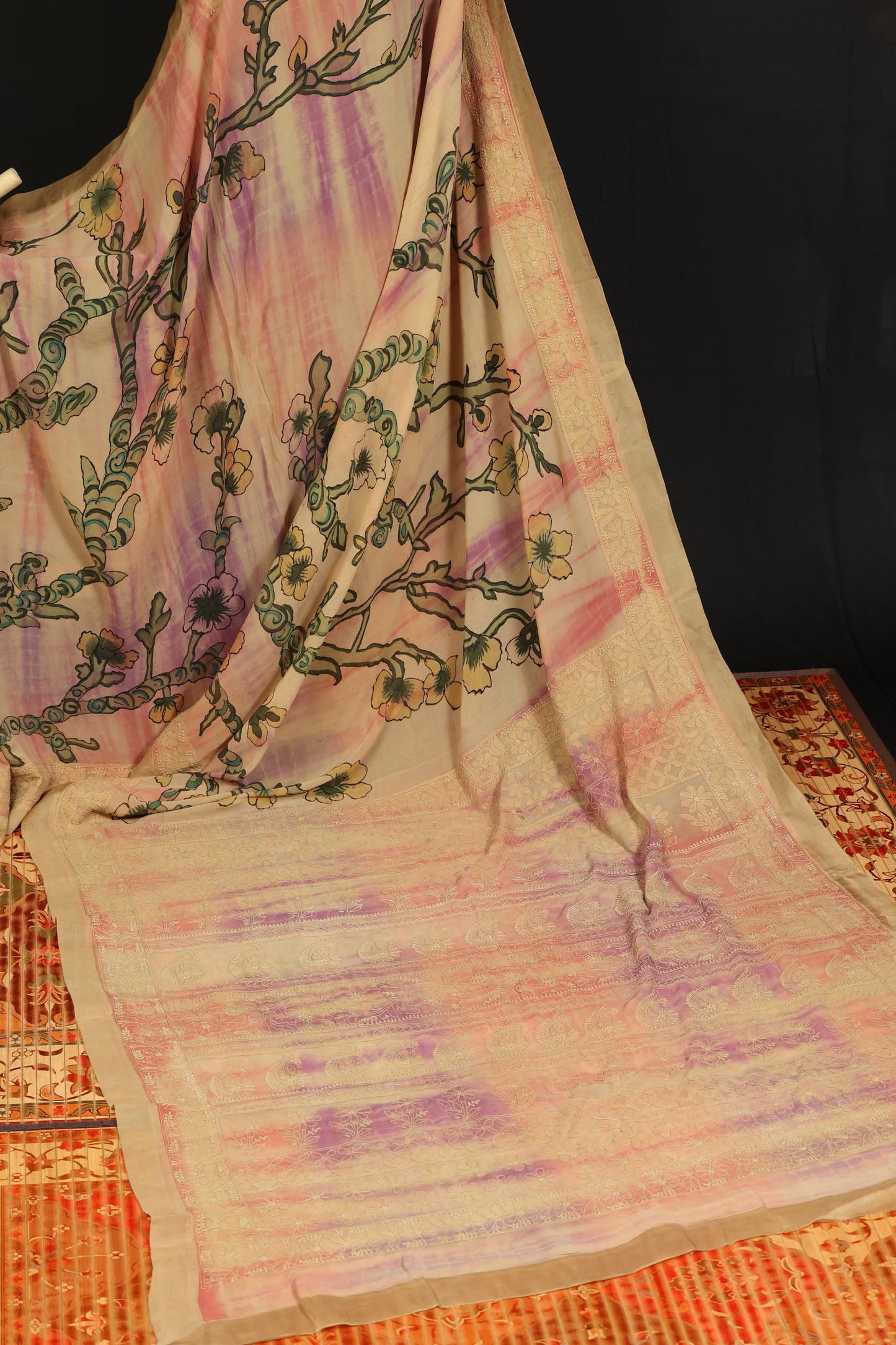 Chikankari with penkalamkari on pure silk gerogettee