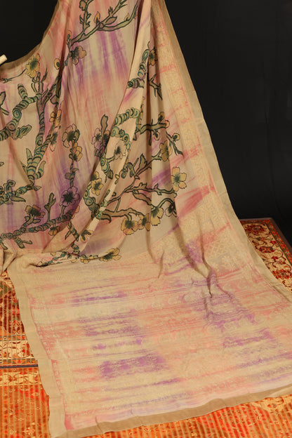 Chikankari with penkalamkari on pure silk gerogettee
