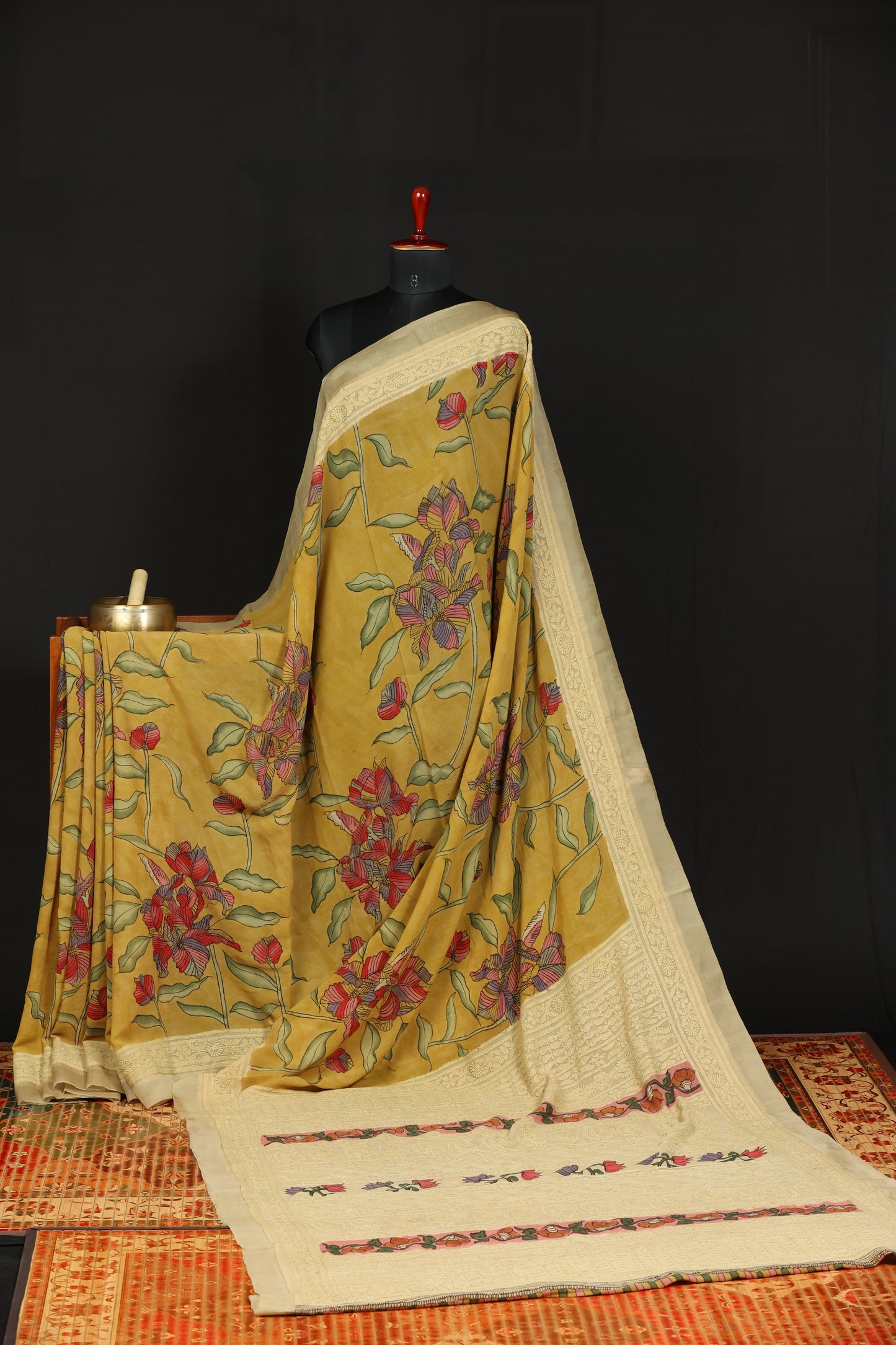 Chikankari with penkalamkari on pure silk gerogette
