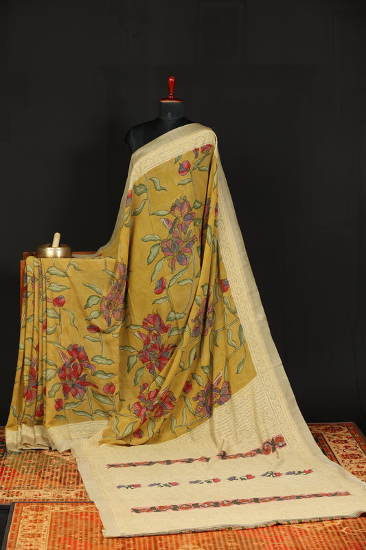 Chikankari with penkalamkari on pure silk gerogette
