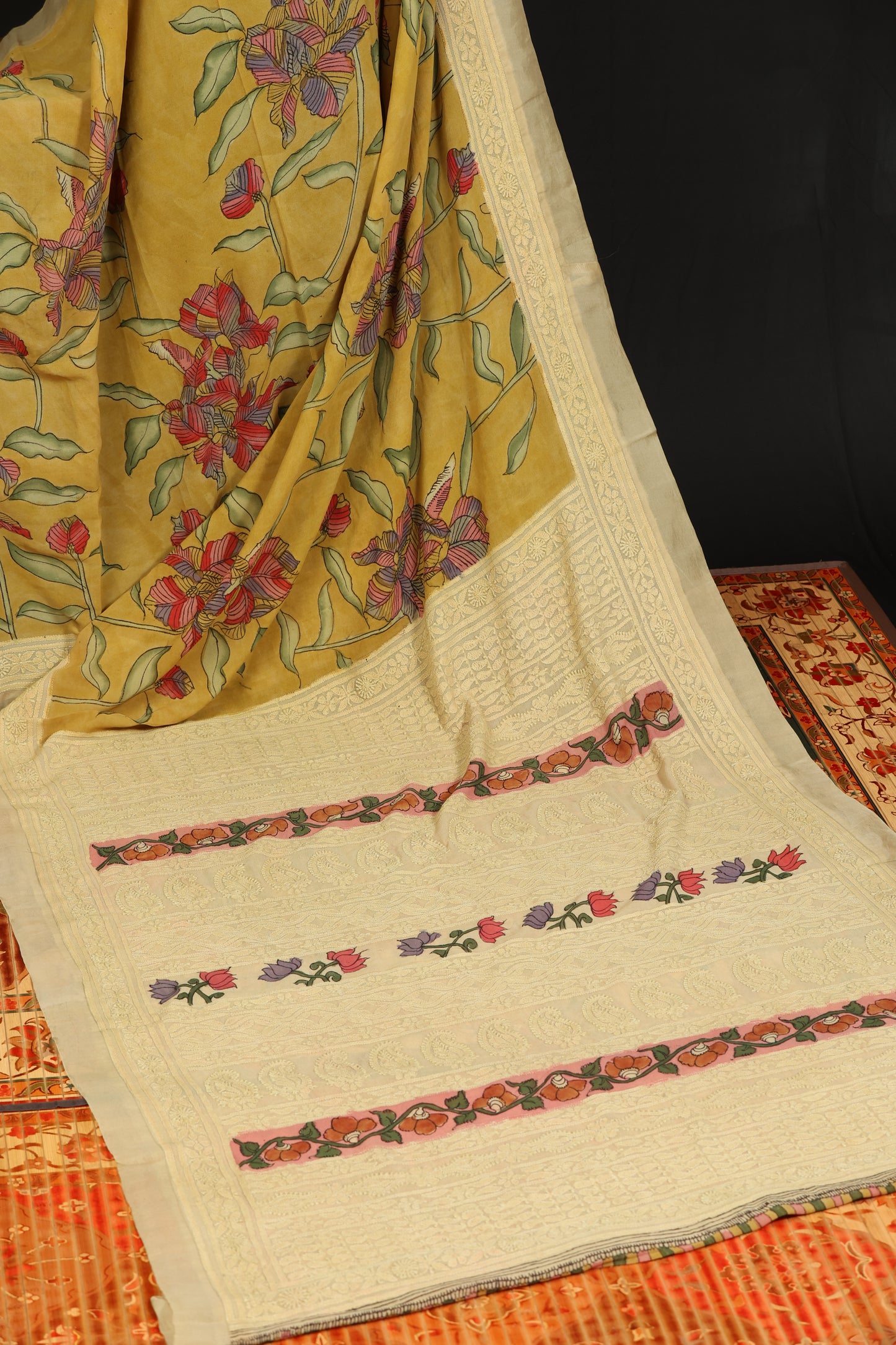 Chikankari with penkalamkari on pure silk gerogette
