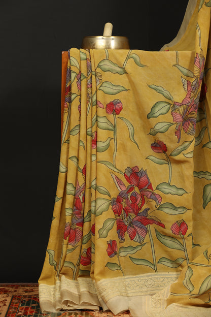 Chikankari with penkalamkari on pure silk gerogette