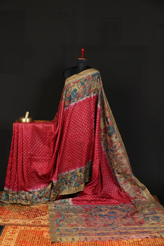 Tussar bandini with penkalamkari