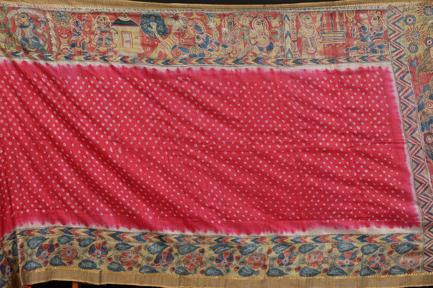Tussar bandini with penkalamkari