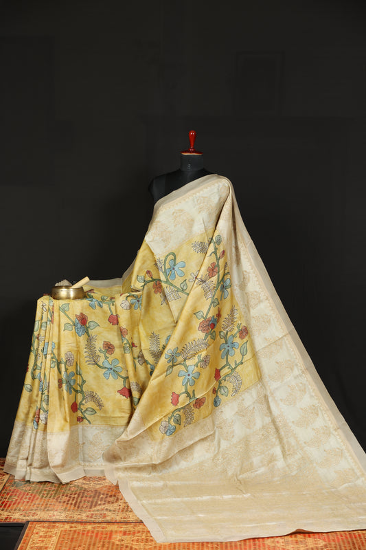 Chikankari with penkalamkari on puresilk tussar
