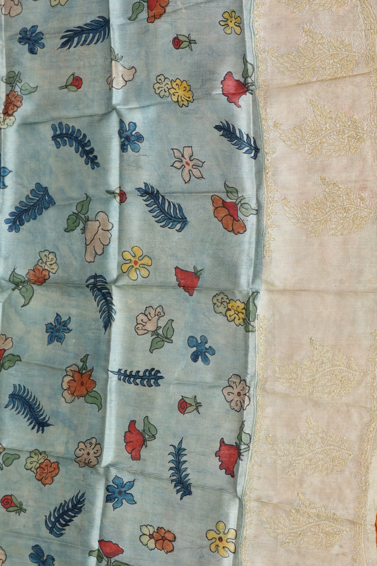 Chikankari with penkalamkari on puresilk tussar