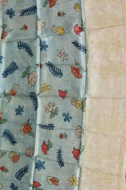 Chikankari with penkalamkari on puresilk tussar