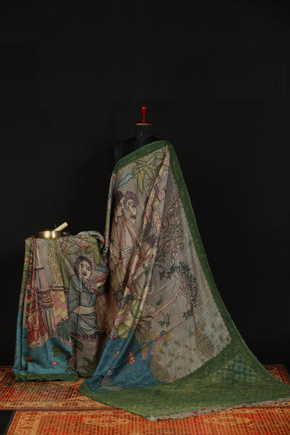 Chikankari with penkalamkari on puresilk tussar