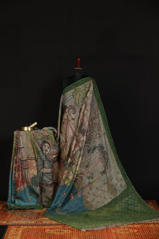 Chikankari with penkalamkari on puresilk tussar