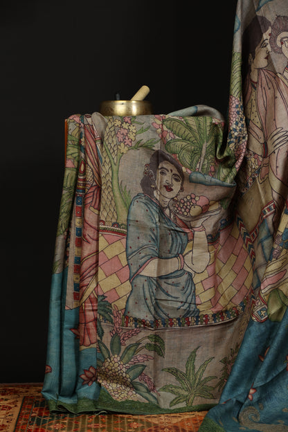 Chikankari with penkalamkari on puresilk tussar