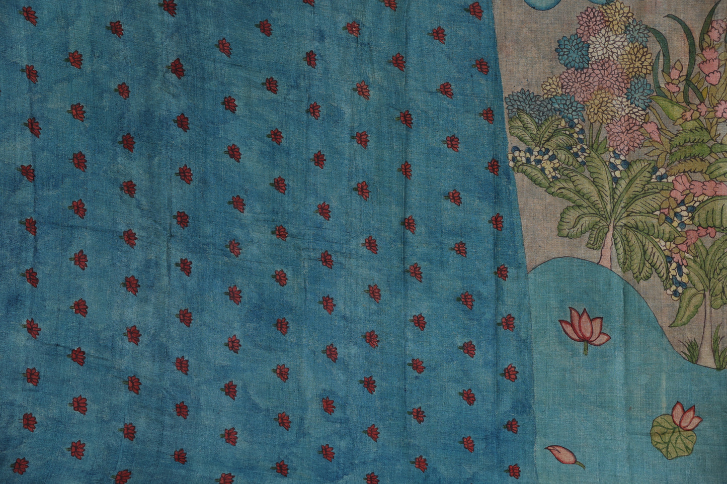 Chikankari with penkalamkari on puresilk tussar
