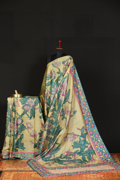 Chikankari with penkalamkari on puresilk tussar