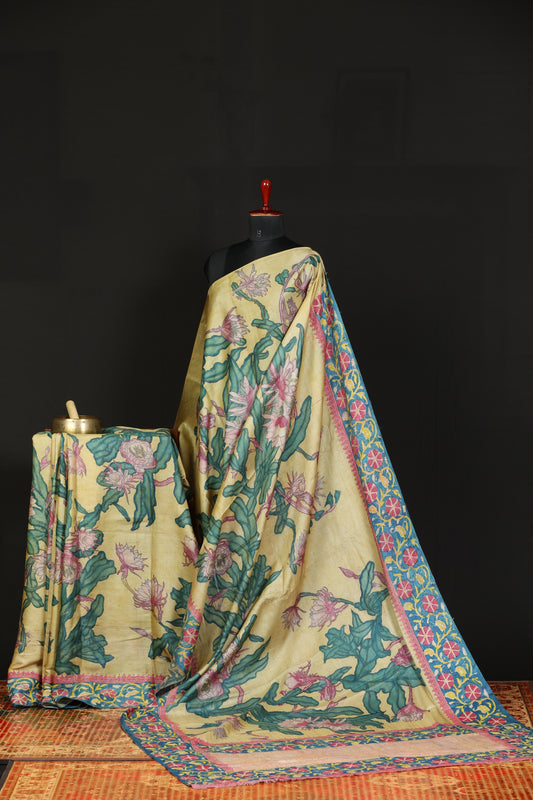Chikankari with penkalamkari on puresilk tussar