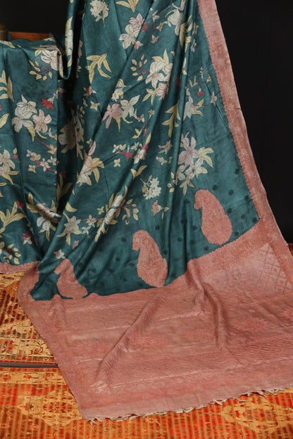 Chikankari with penkalamkari on puresilk tussar