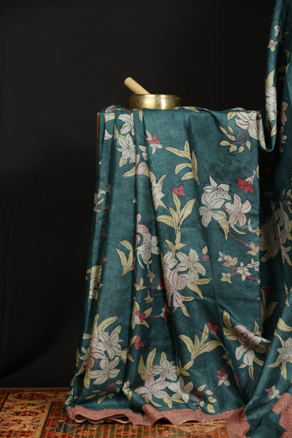 Chikankari with penkalamkari on puresilk tussar