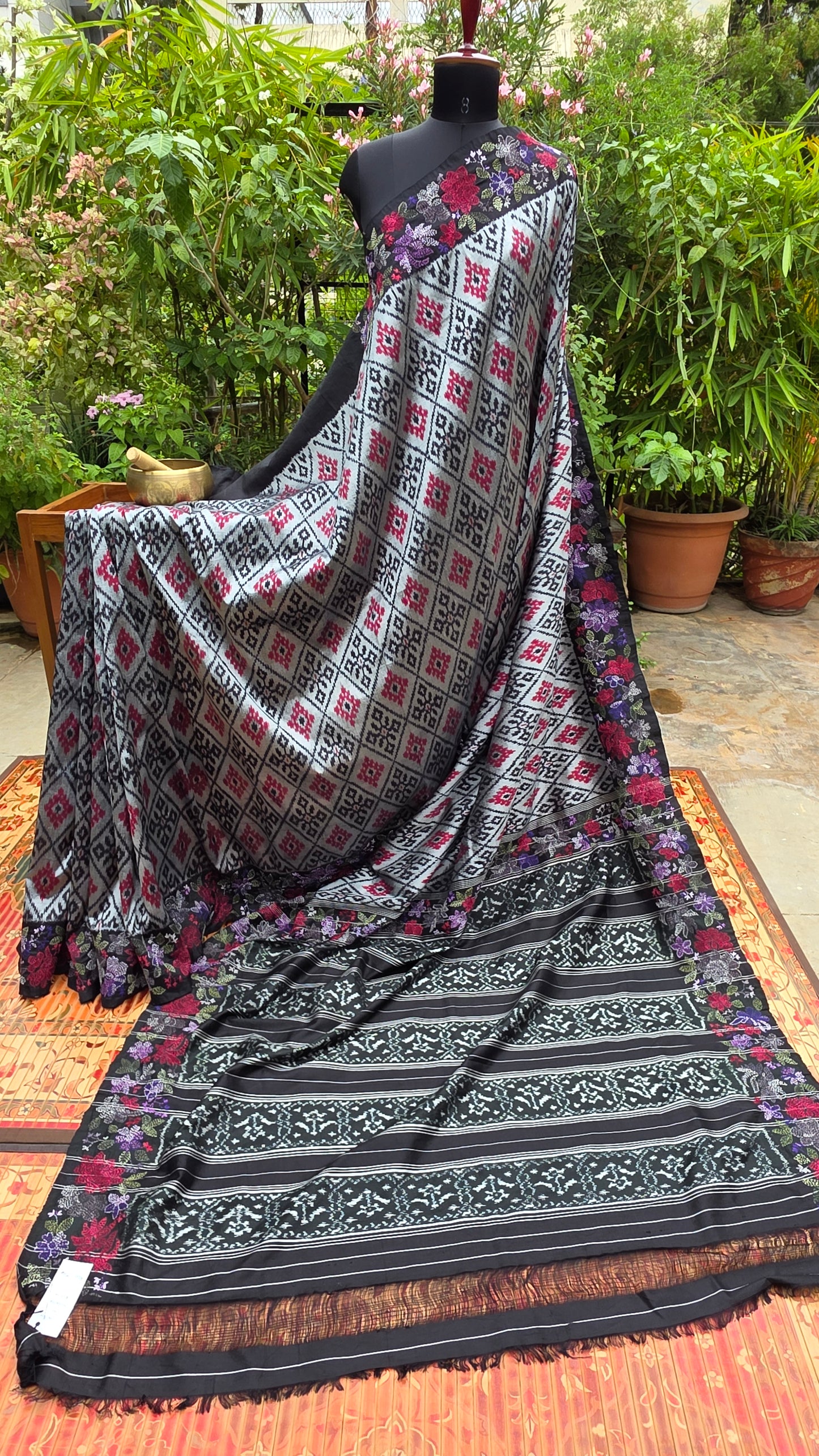 Pure silk ikkat with hand embroidered kantha