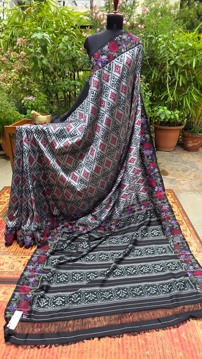 Pure silk ikkat with hand embroidered kantha