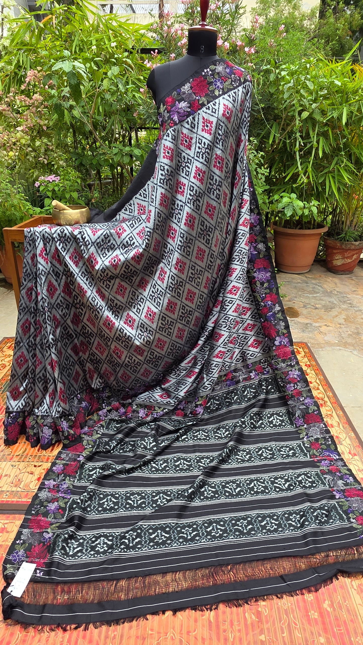 Pure silk ikkat with hand embroidered kantha