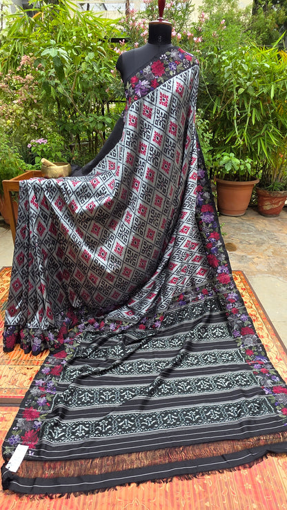 Pure silk ikkat with hand embroidered kantha