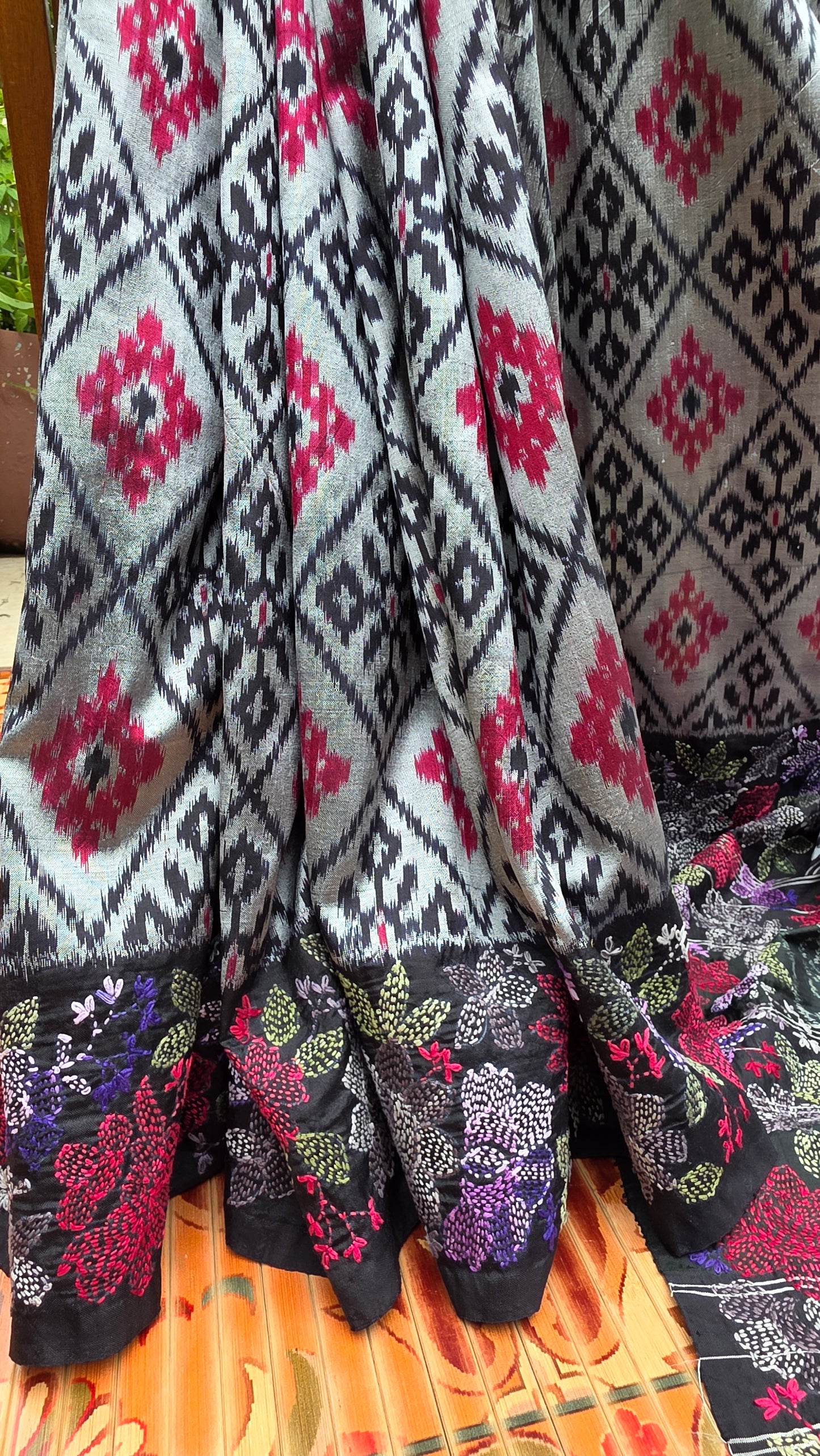 Pure silk ikkat with hand embroidered kantha