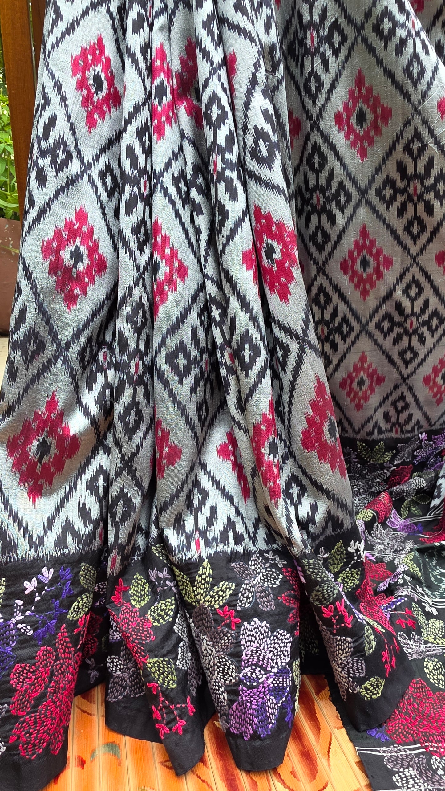 Pure silk ikkat with hand embroidered kantha
