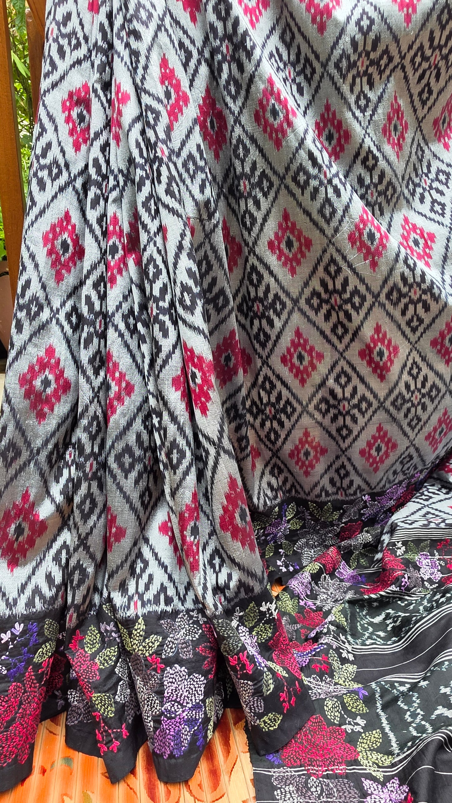 Pure silk ikkat with hand embroidered kantha