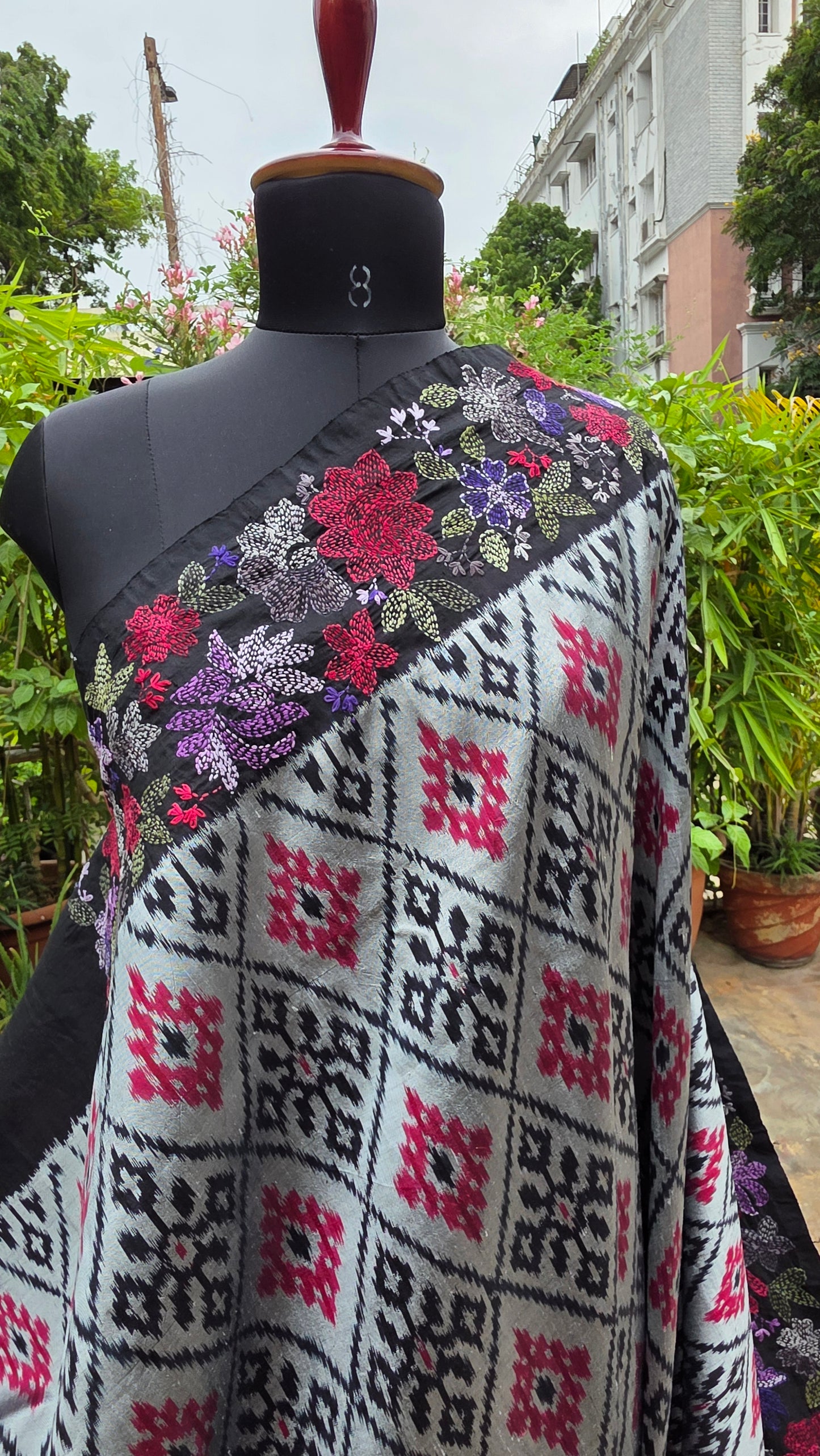 Pure silk ikkat with hand embroidered kantha