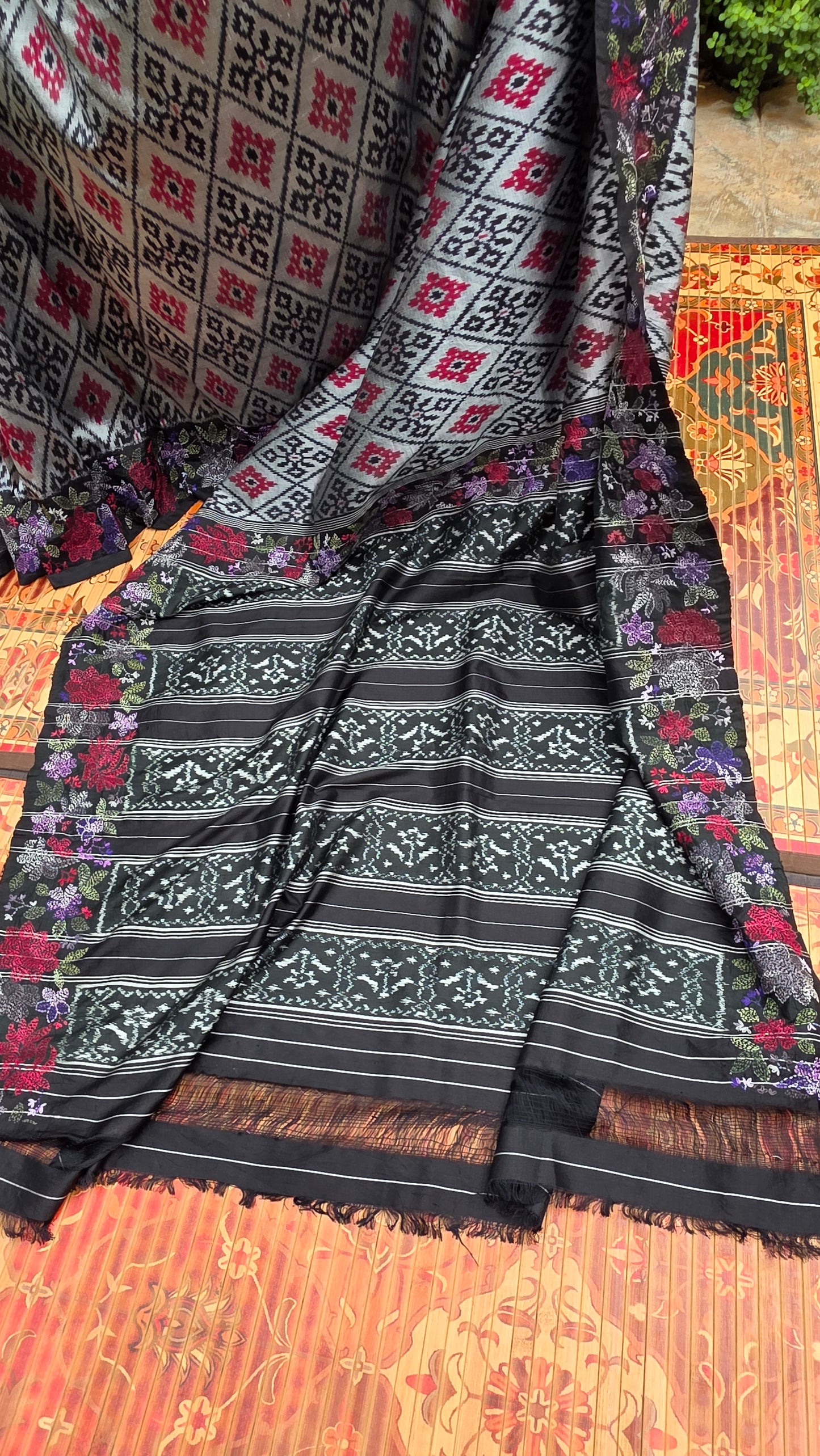 Pure silk ikkat with hand embroidered kantha