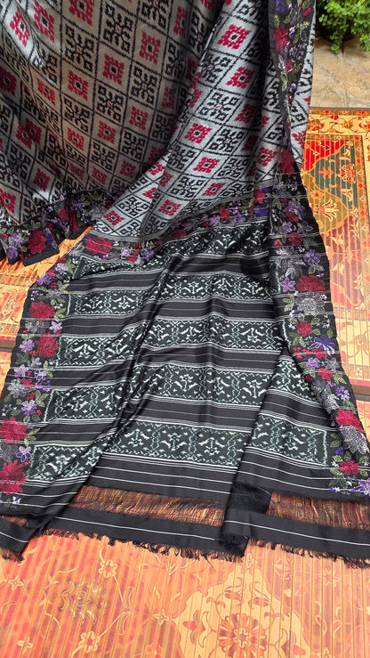 Pure silk ikkat with hand embroidered kantha