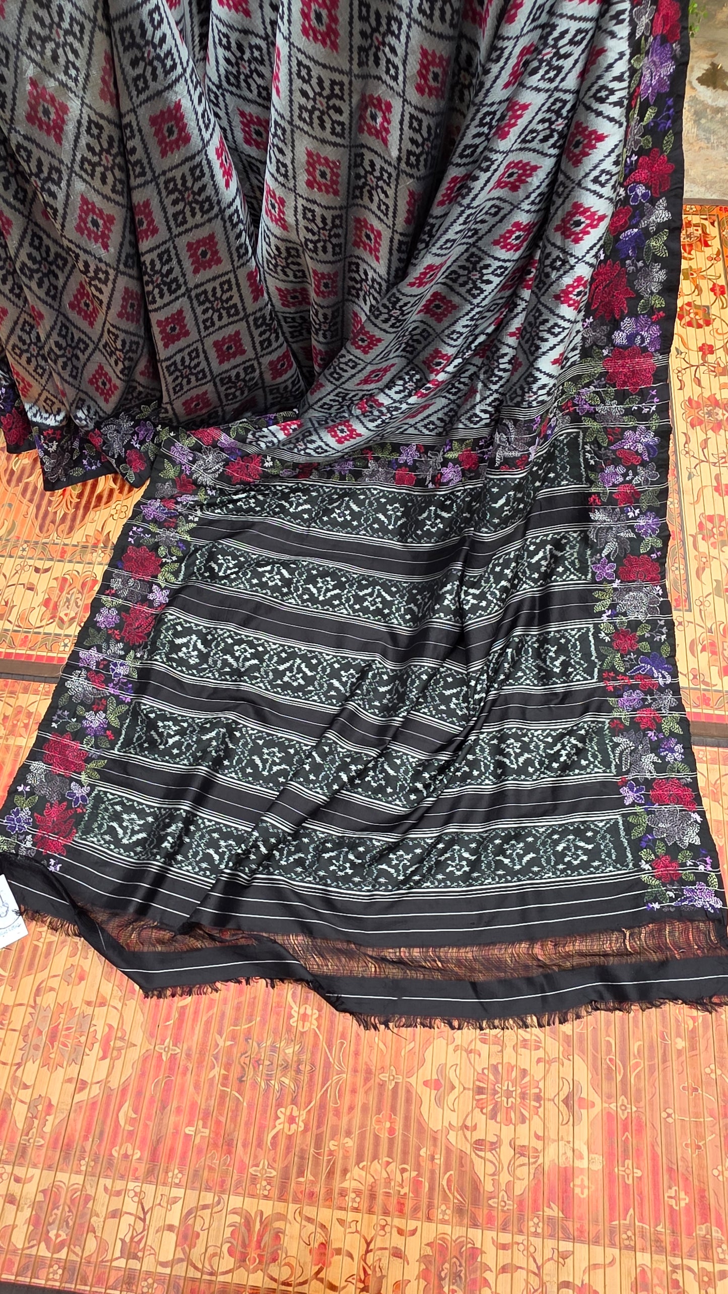 Pure silk ikkat with hand embroidered kantha