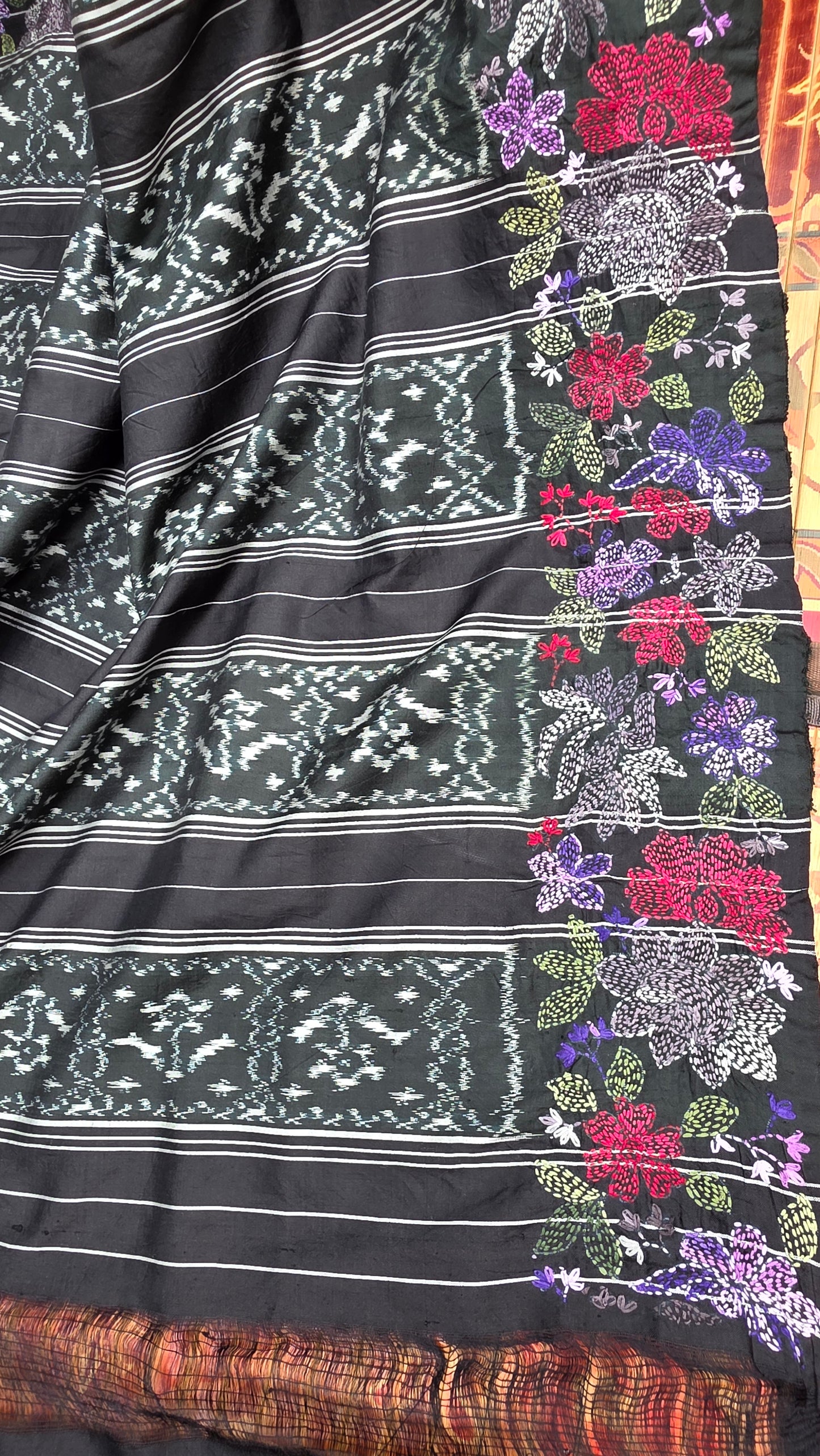 Pure silk ikkat with hand embroidered kantha