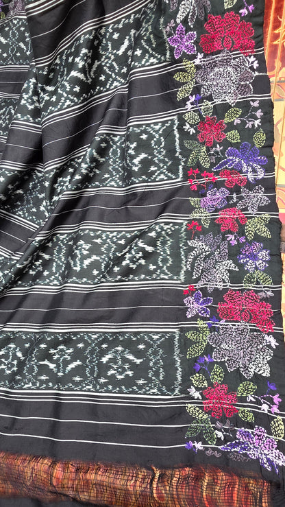 Pure silk ikkat with hand embroidered kantha