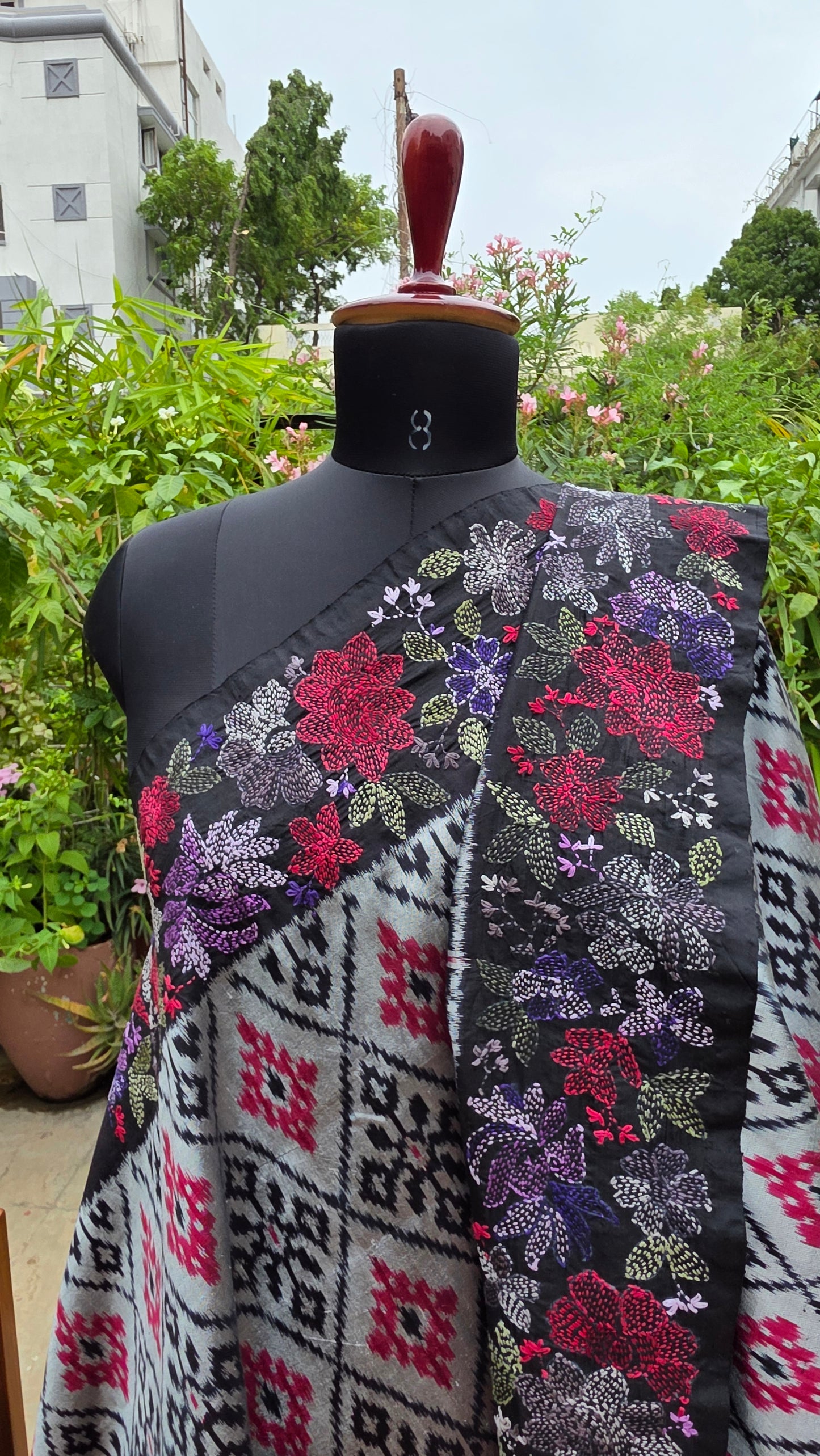 Pure silk ikkat with hand embroidered kantha