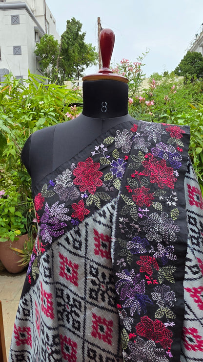 Pure silk ikkat with hand embroidered kantha