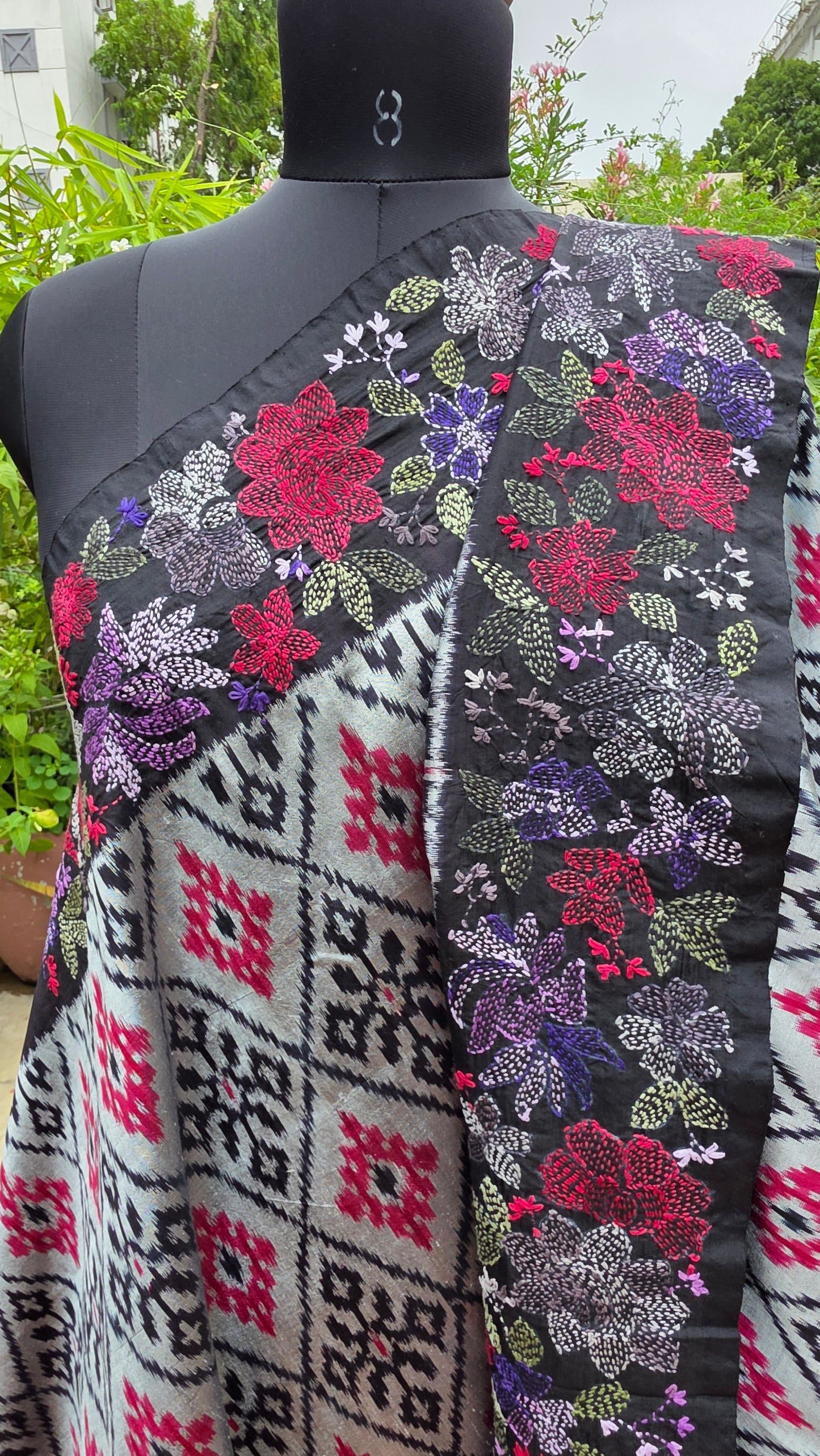 Pure silk ikkat with hand embroidered kantha