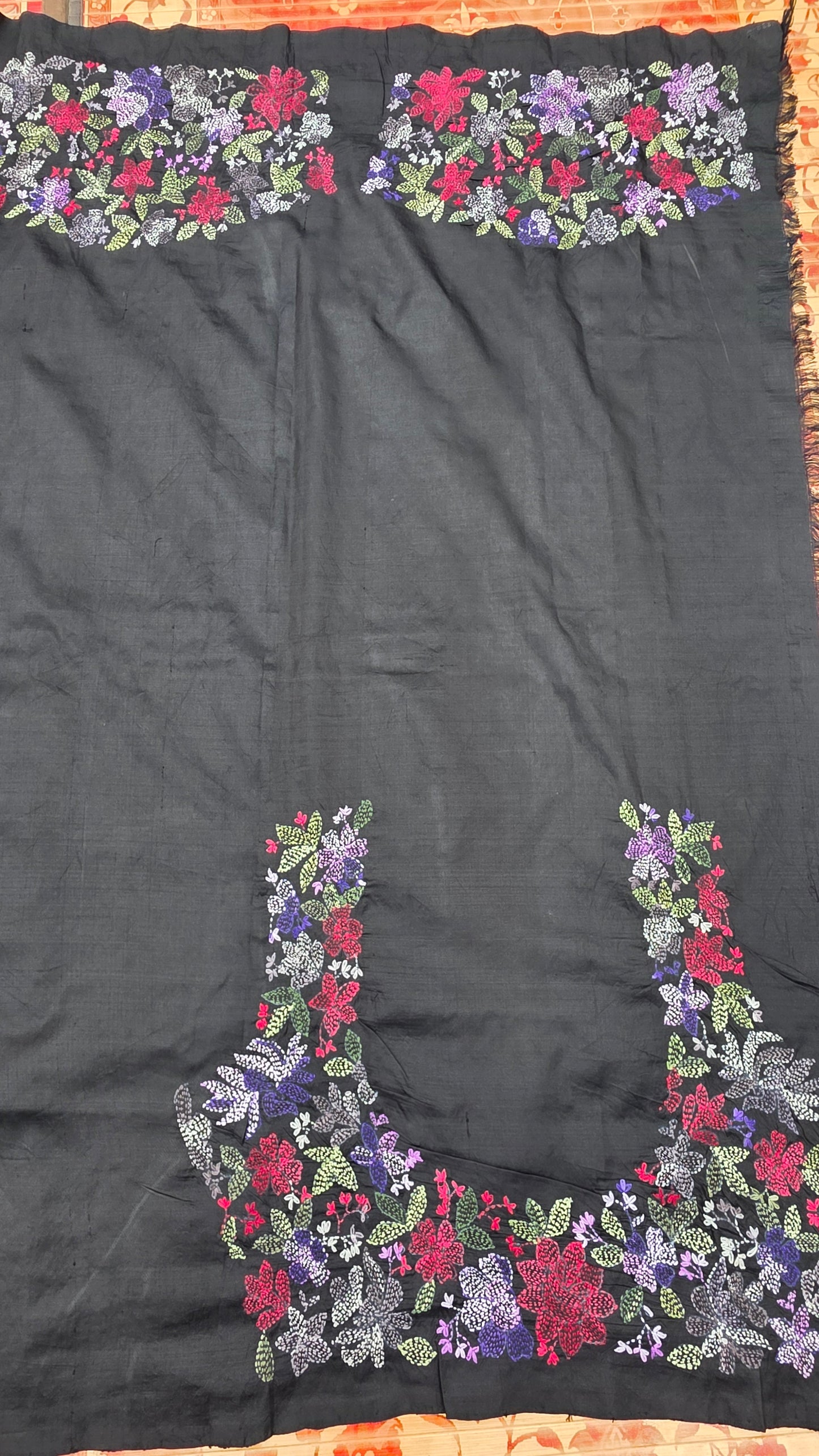 Pure silk ikkat with hand embroidered kantha
