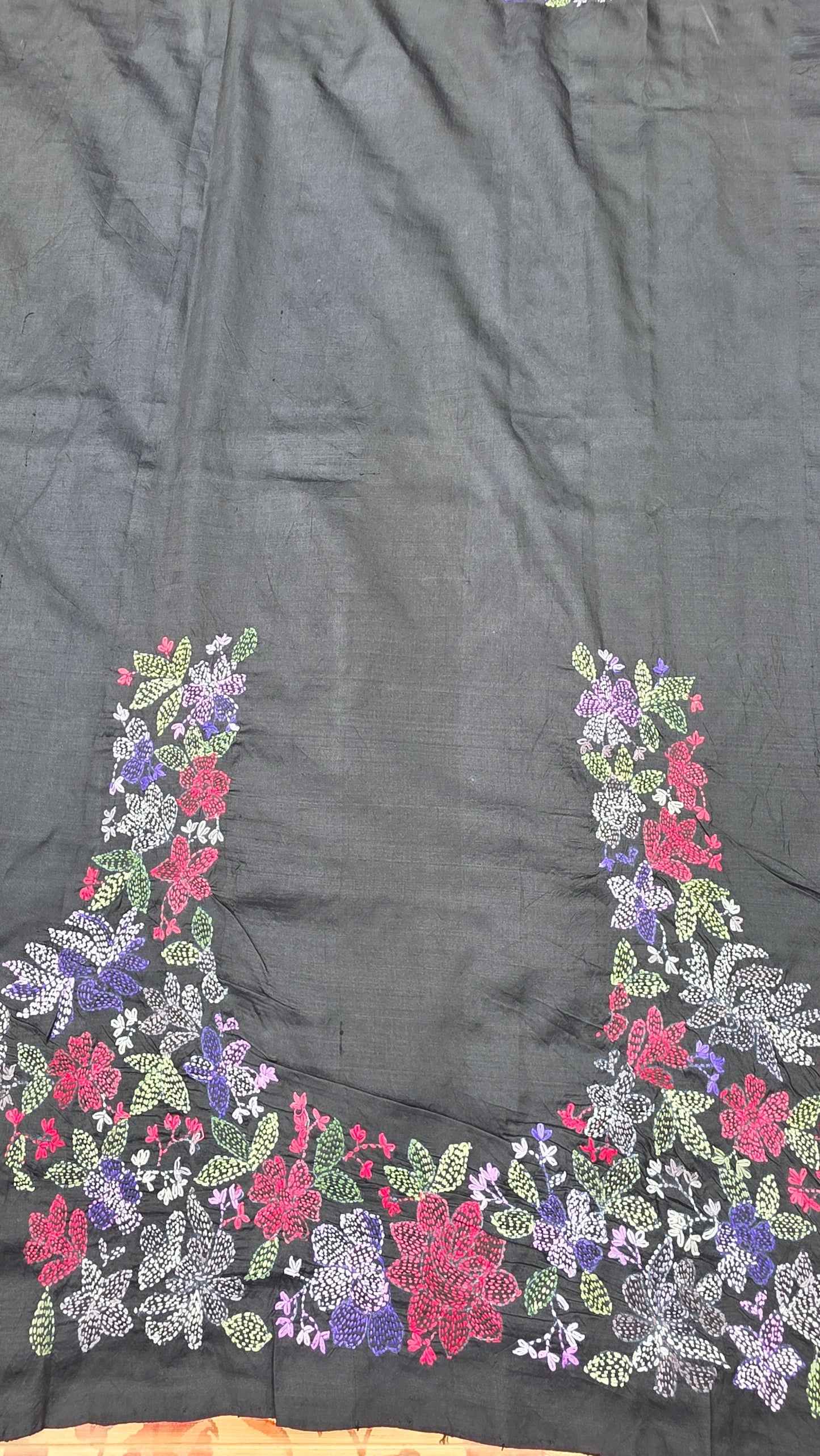 Pure silk ikkat with hand embroidered kantha