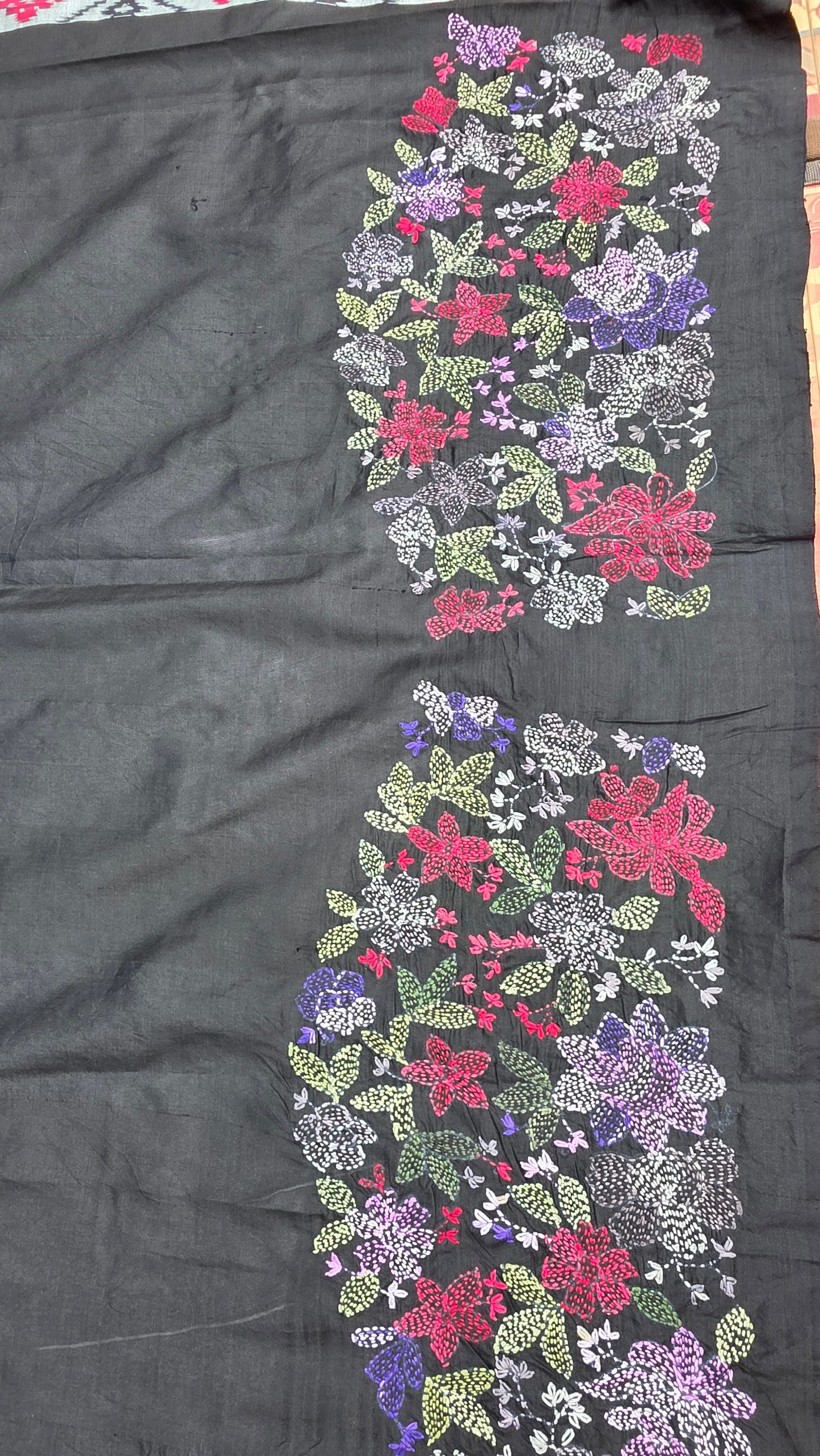 Pure silk ikkat with hand embroidered kantha