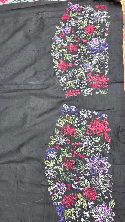 Pure silk ikkat with hand embroidered kantha