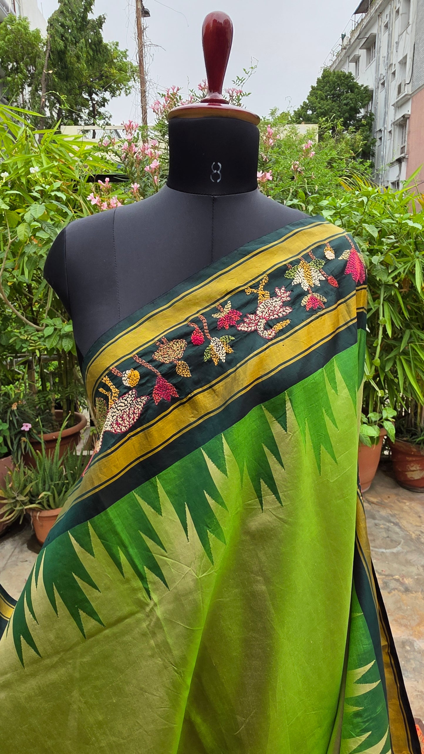 Pure silk kanchi with hand embroidered kantha