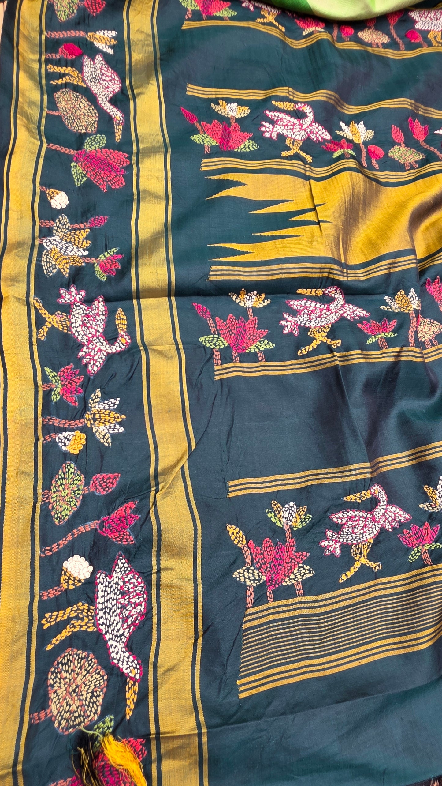 Pure silk kanchi with hand embroidered kantha