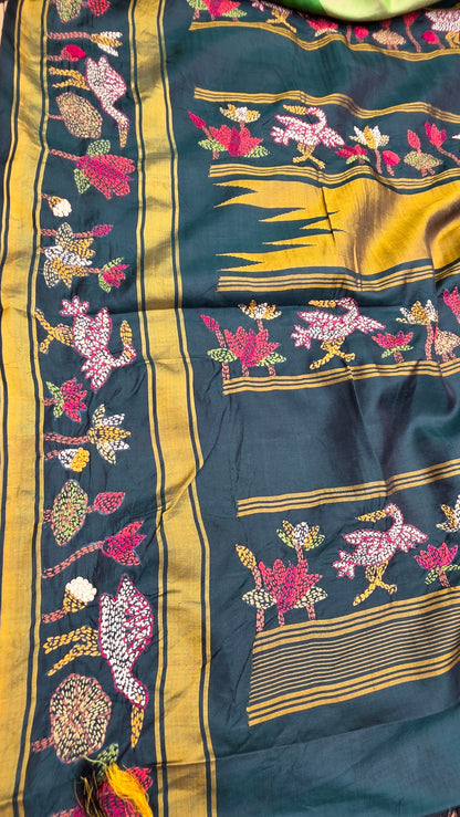 Pure silk kanchi with hand embroidered kantha