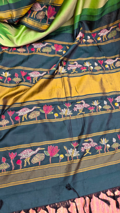 Pure silk kanchi with hand embroidered kantha